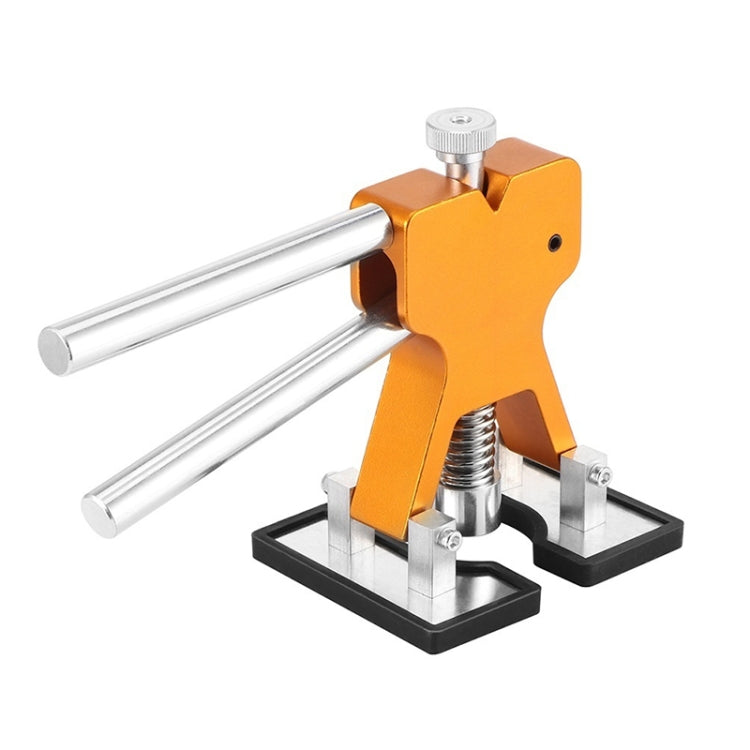Orange dent lifter tool with aluminum puller rods and base stand