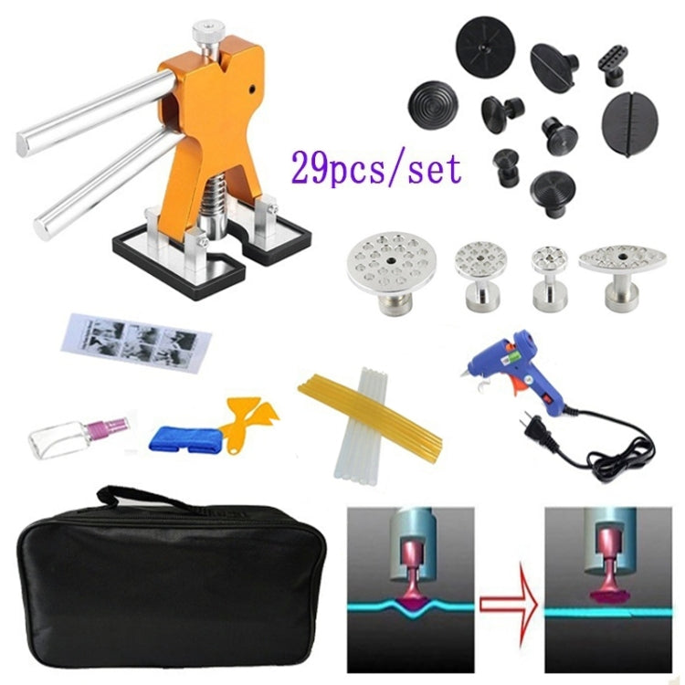 Car dent repair kit with black case, orange lifter, and 29-piece accessories