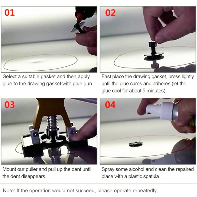 Car dent repair tool instructions showing gaskets, gluing, and pulling steps