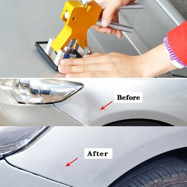 Dent repair kit in use with before-and-after car panel results