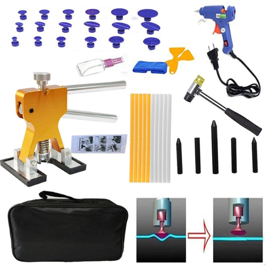 Paintless dent repair tool kit with glue puller, glue gun, puller tabs, and rods