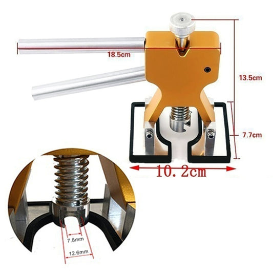 Orange dent lifter puller tool with threaded spring plunger and metal rods