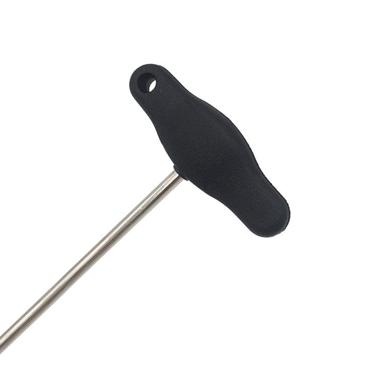 Black grip tool with straight metal rod and curved pry end