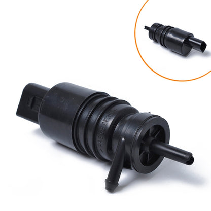 Windshield washer pump, black plastic housing with side outlet and mounting tab