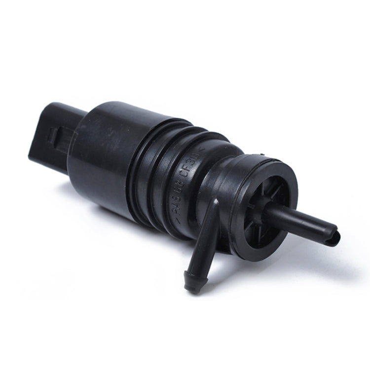 Windshield washer pump, black plastic, angled view showing side outlet nozzle