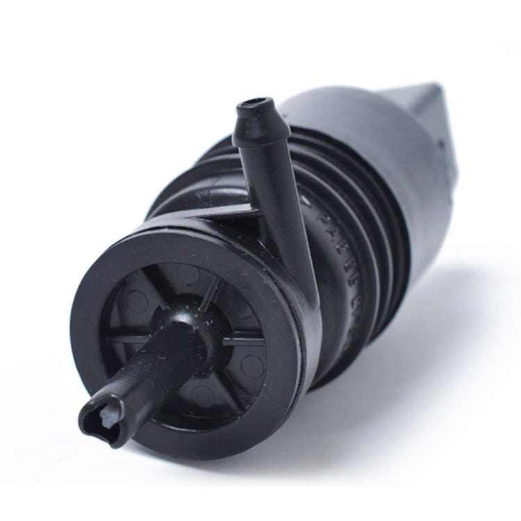 Windshield washer pump, black plastic, front connector with spray outlet nozzle