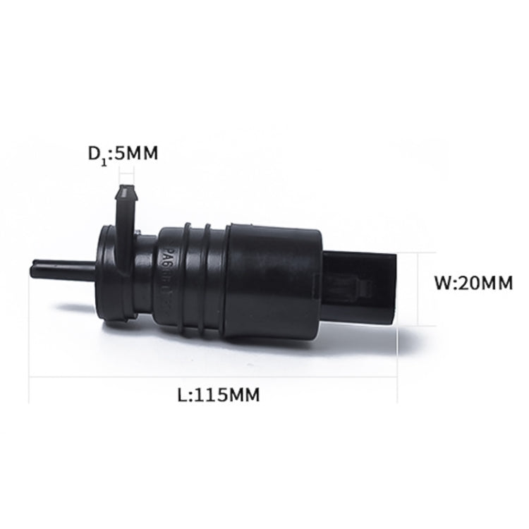 Windshield washer pump, black plastic, side and front ports in size view