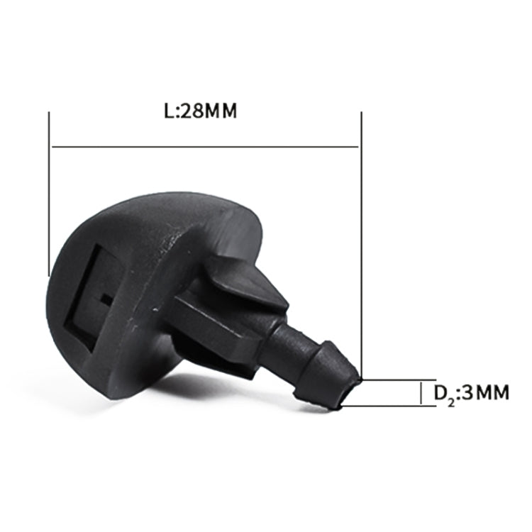 Black windshield washer jet nozzle shown in detail with outlet fitting
