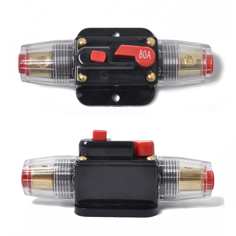 80A DC car circuit breaker fuse holder with red switches, shown top and bottom views