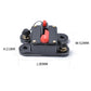 Auto-reset fuse holder with dimensions shown, black body and red 200A reset switch