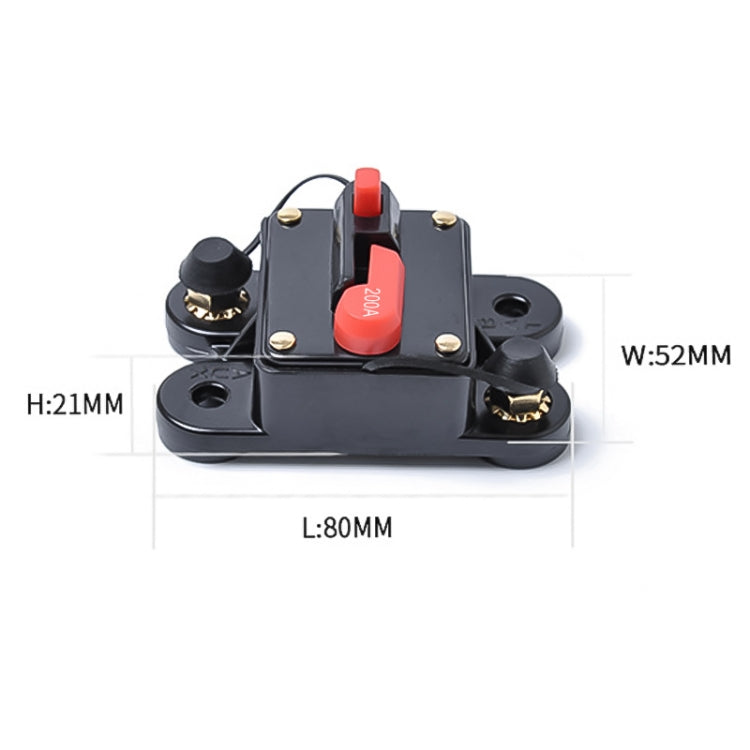 Auto-reset fuse holder with dimensions shown, black body and red 200A reset switch