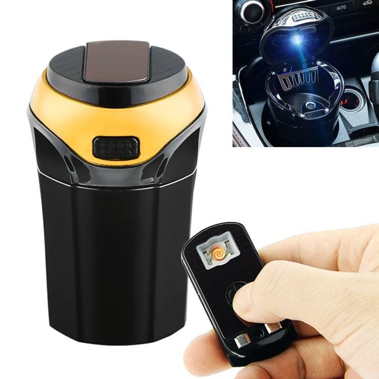 Gold and black car ashtray lighter with flip-top lid and removable device cover