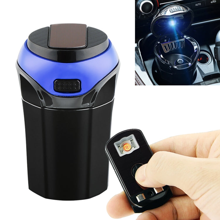 Blue car 2-in-1 detachable lighter and ashtray bin with flip cover and hand holding