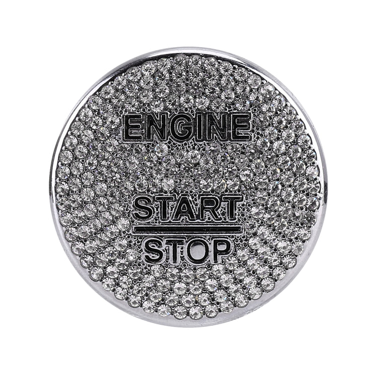 Circular engine start/stop button cover with silver rhinestone face and chrome edge