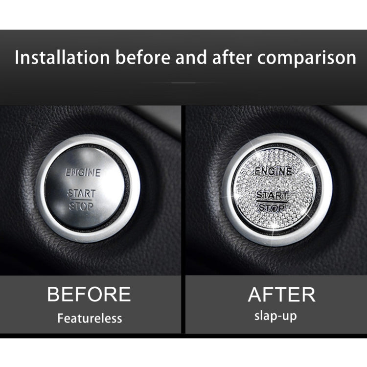 Round engine start/stop button cover with silver rhinestone finish on dashboard