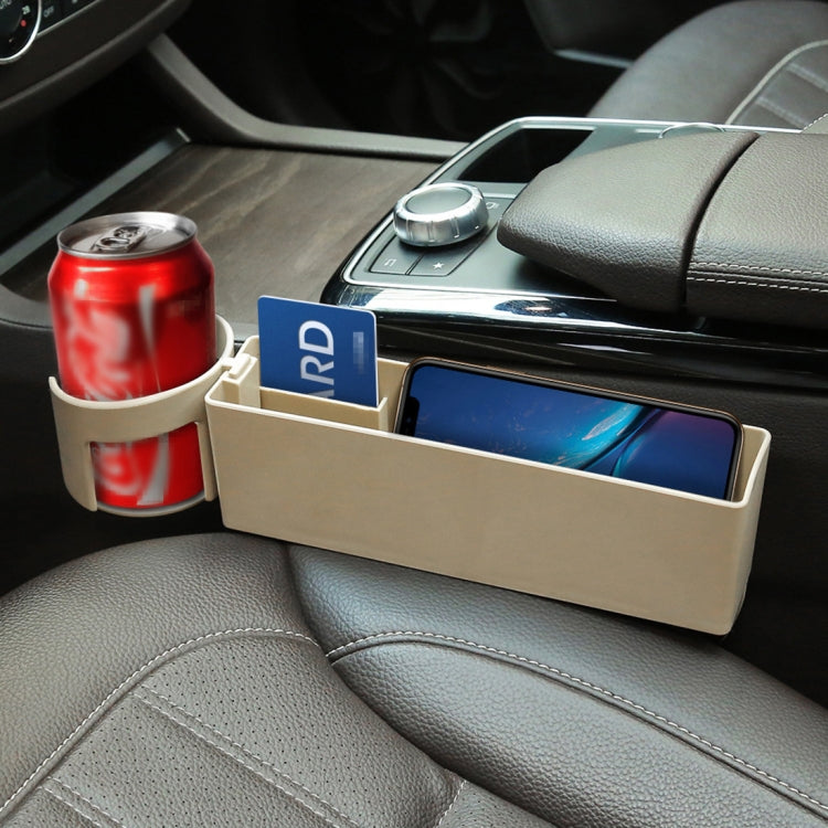 Beige car seat gap storage box with cup holder, mounted side console container