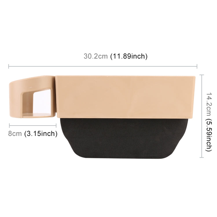 Beige car console gap storage box with cup holder, size measurements shown