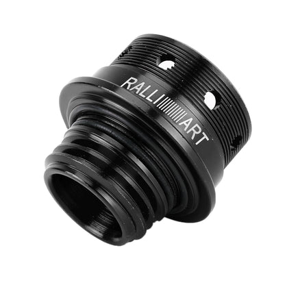 Black threaded oil cap cover with recessed ring and ventilation holes