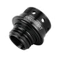 Black anodized oil cap cover with ridged grip, logo band, and top cutouts