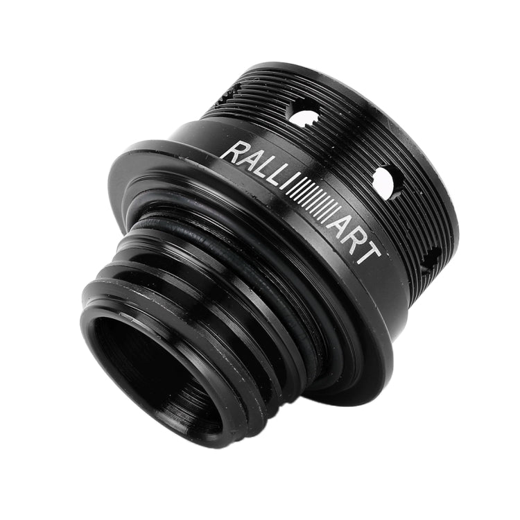 Black anodized oil cap cover with ridged grip, logo band, and top cutouts
