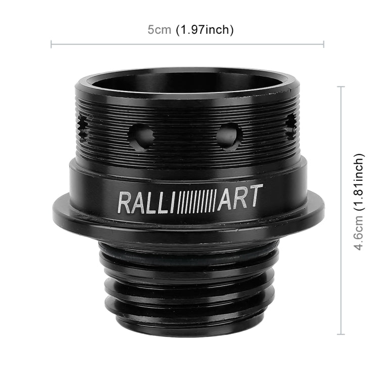 Black threaded oil cap cover with stud holes; size marked 5 cm by 4.6 cm