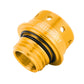 Gold threaded oil cap cover with ridged sides, logo band, and top cutouts