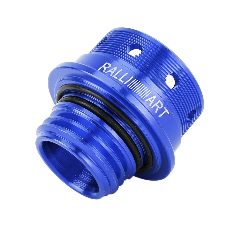Blue threaded oil cap cover with ridged grip and logo band on the top section