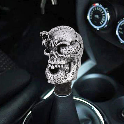 Snake-ghost skull gear shift knob cover, textured silver look with black base