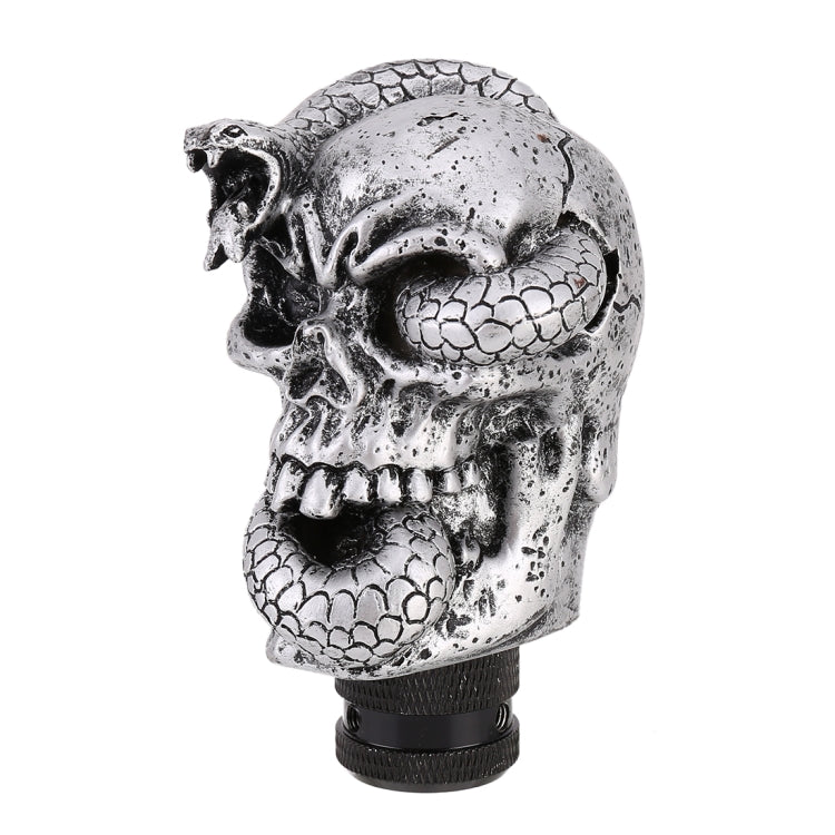 Snake-ghost skull gear shift knob, front view with scale-texture detail, silver finish