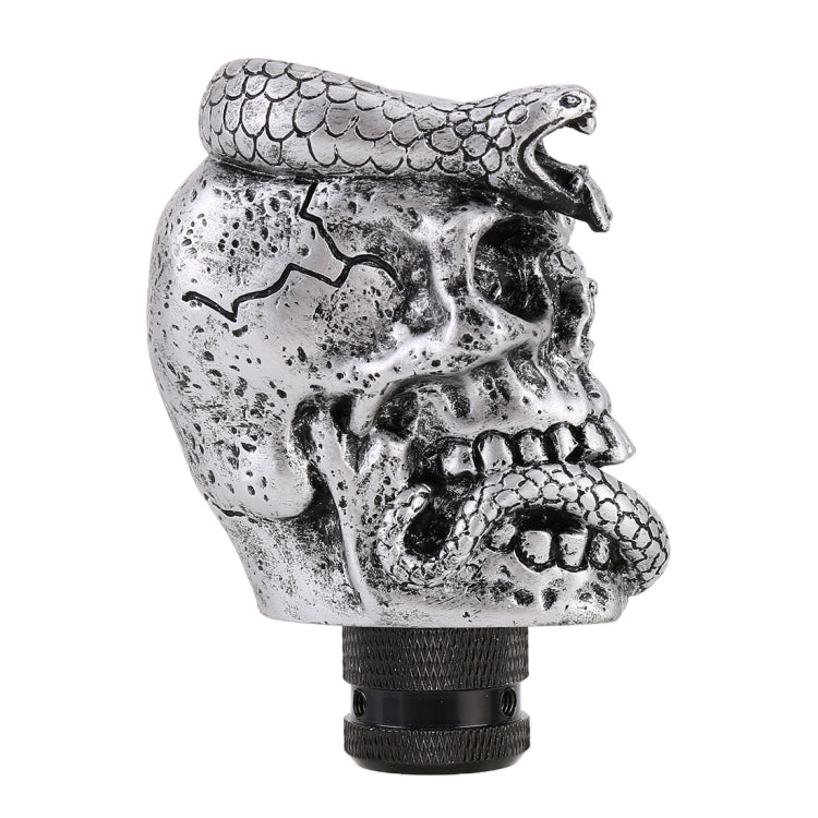 Snake-ghost skull gear shift knob, side view with snake-skin texture and silver finish