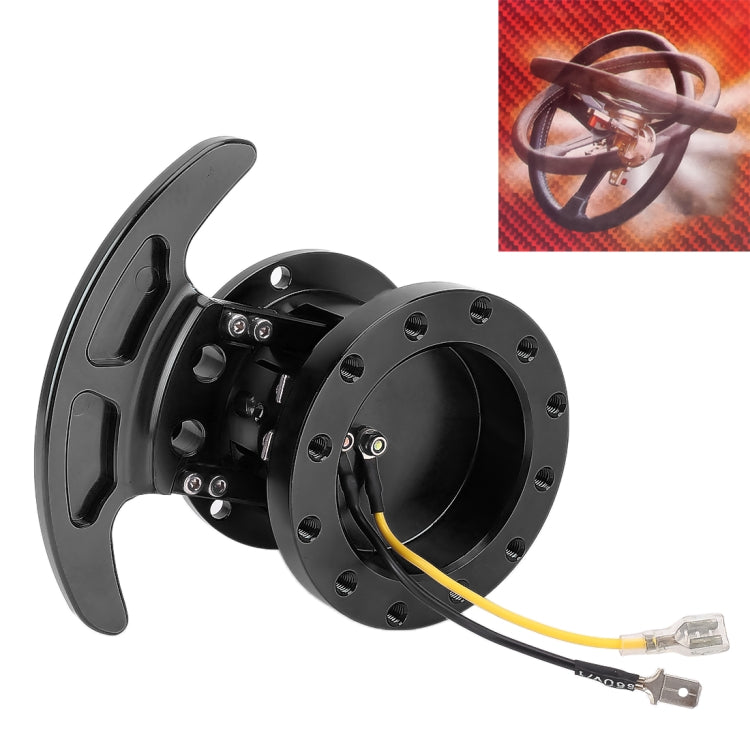 Black snap-off steering wheel hub quick release adapter with mounting hardware and cable.