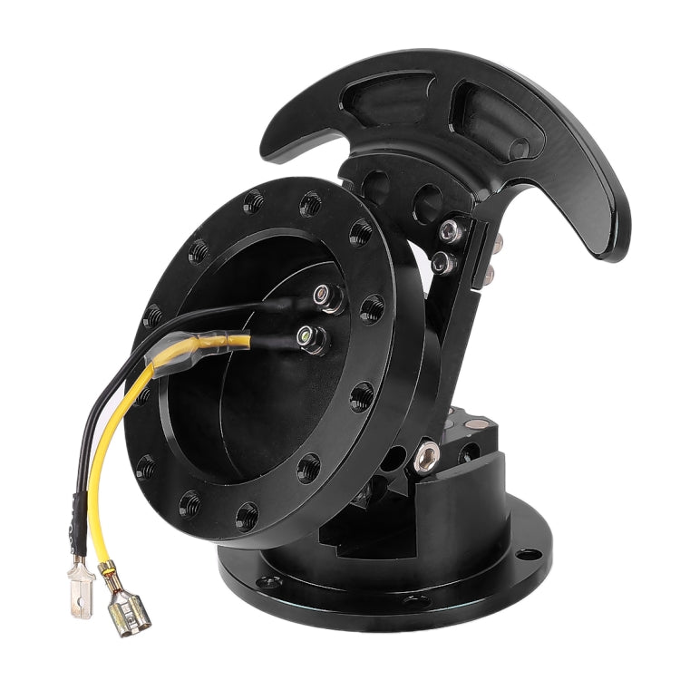 Black steering wheel hub quick release adapter with yellow wire and metal connector bracket.