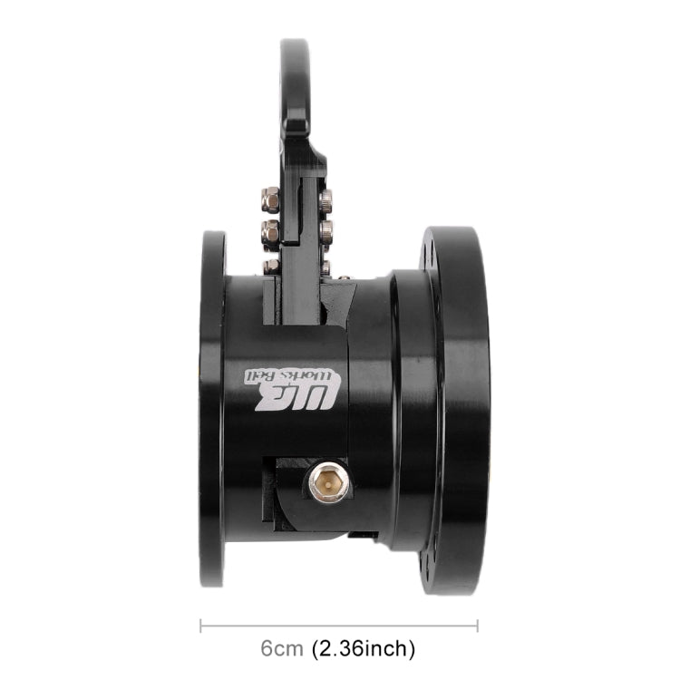 Black quick release hub adapter, side view showing cylindrical housing and mounting flange.