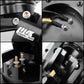 Black quick release hub adapter close-up with bolts, wiring, and metal logo plate.