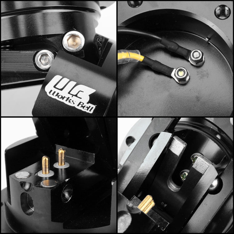 Black quick release hub adapter close-up with bolts, wiring, and metal logo plate.