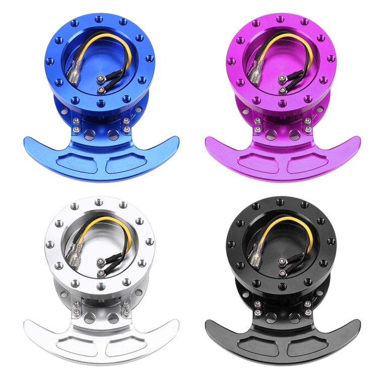 Steering wheel quick release hub adapter in multiple colors: blue, purple, silver, and black.