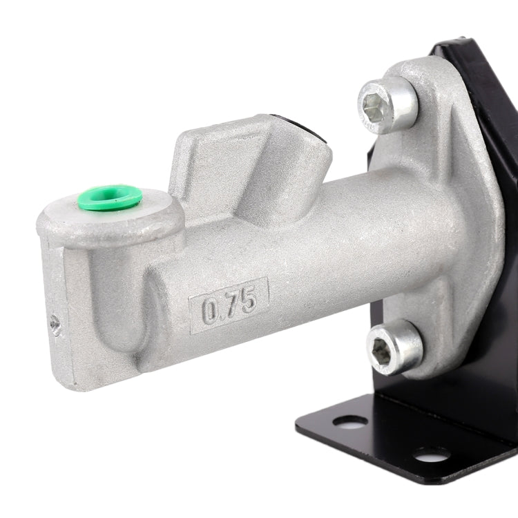 Silver master cylinder assembly with 0.75 marking and green cap, mounted on bracket