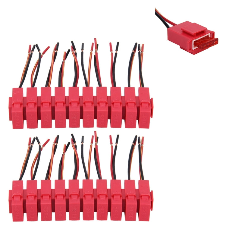 Set of 20 red ceramic blade fuse holders with black and red wire leads, multiple connectors