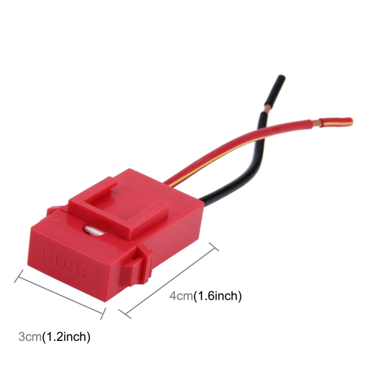 Red ceramic blade fuse holder connector with 2 colored wires, approx 3 cm x 4 cm