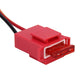 Red ceramic blade fuse holder connector, close-up of open terminal socket and wire leads