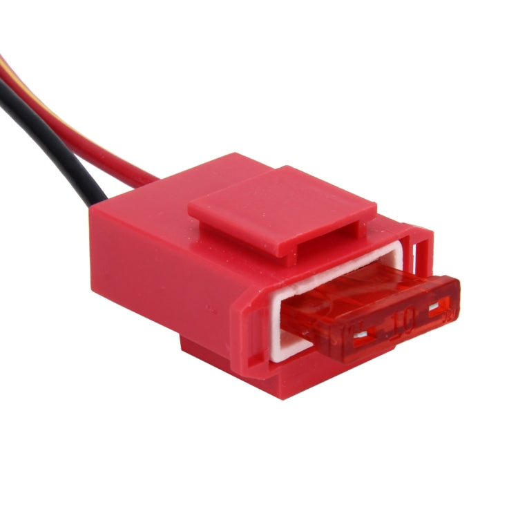 Red ceramic blade fuse holder connector, close-up of open terminal socket and wire leads