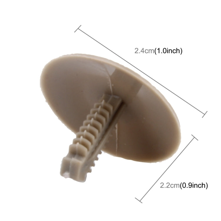 Gray plastic panel clip, about 2.2 x 2.4 cm, round head with screw stem