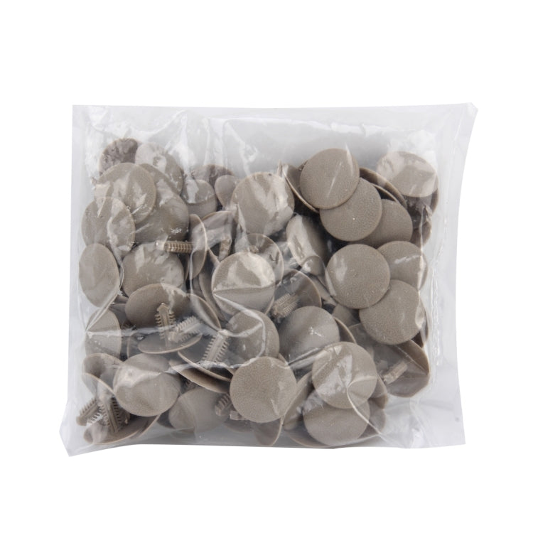 Bagged 100 gray plastic interior panel clips with round heads and screw posts