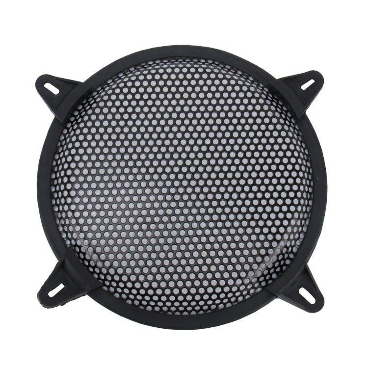 Round black metal mesh subwoofer cover with four mounting tabs