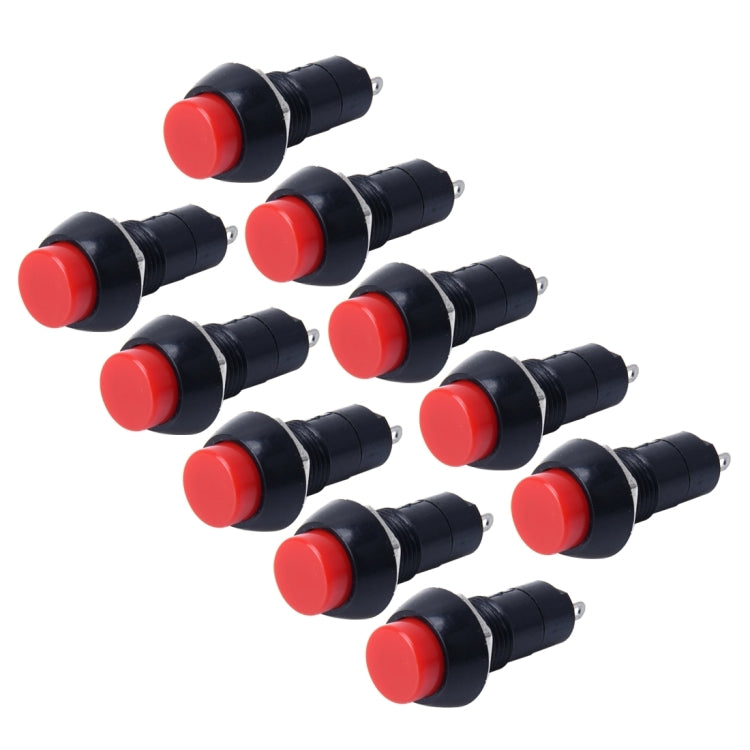 Set of red round push button switches with black housings and 2-pin terminals