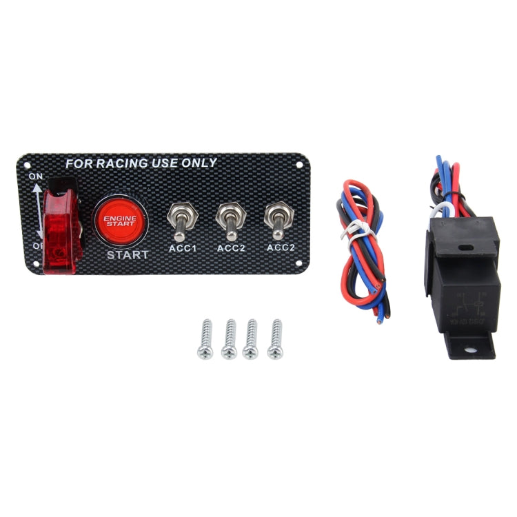 Carbon fiber ignition switch panel kit with red Engine Start button, wiring, and mounting screws