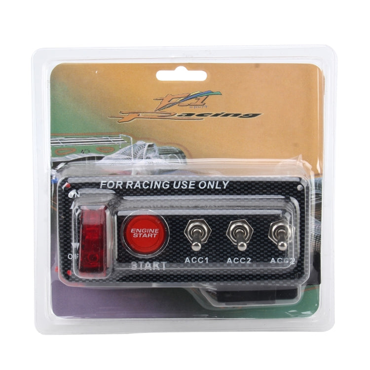 Carbon fiber ignition switch panel in retail blister with red Engine Start button and ACC ports