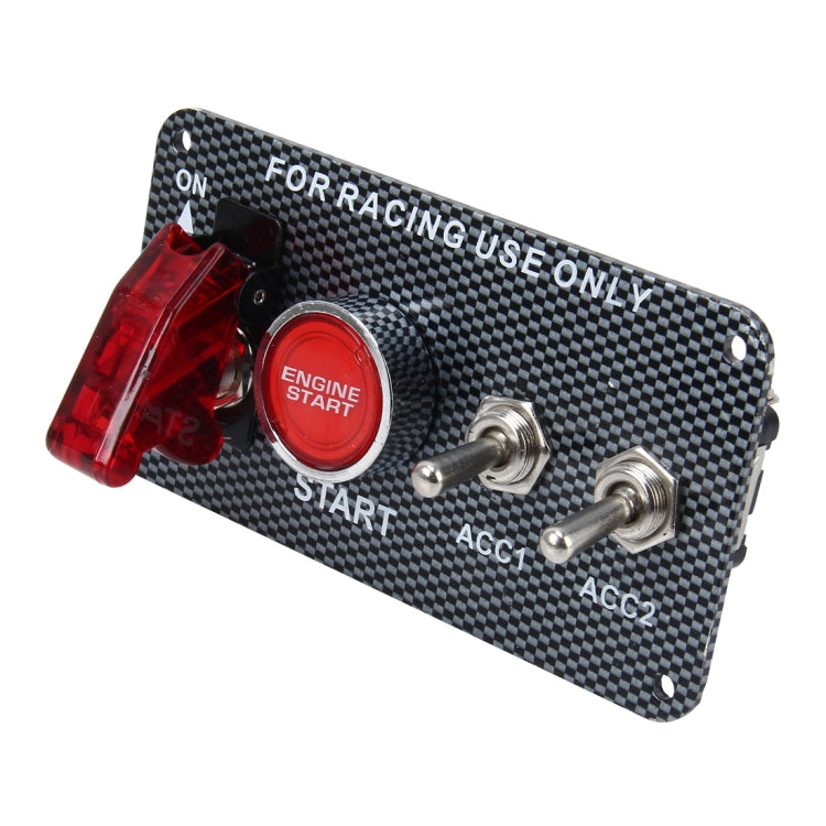 Carbon fiber ignition switch panel with red engine start button and two ACC switches