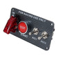 Carbon fiber ignition switch panel with red engine start push button and ACC1/ACC2 toggles