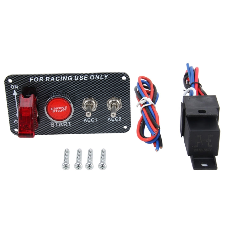 Ignition switch panel kit with carbon-fiber face, red engine start button, wiring and screws